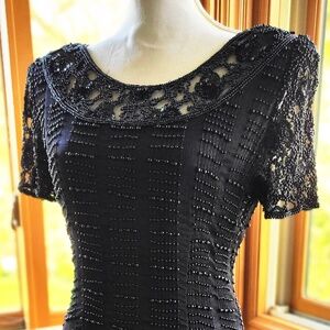 Vintage Patchouli From Nature Ladies Black Silk Sequin Beaded Lace Dress Sz Med